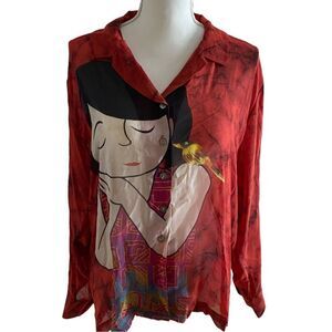 Chico’s Red Silk Graphic Asian Print Blouse Size Large NWT